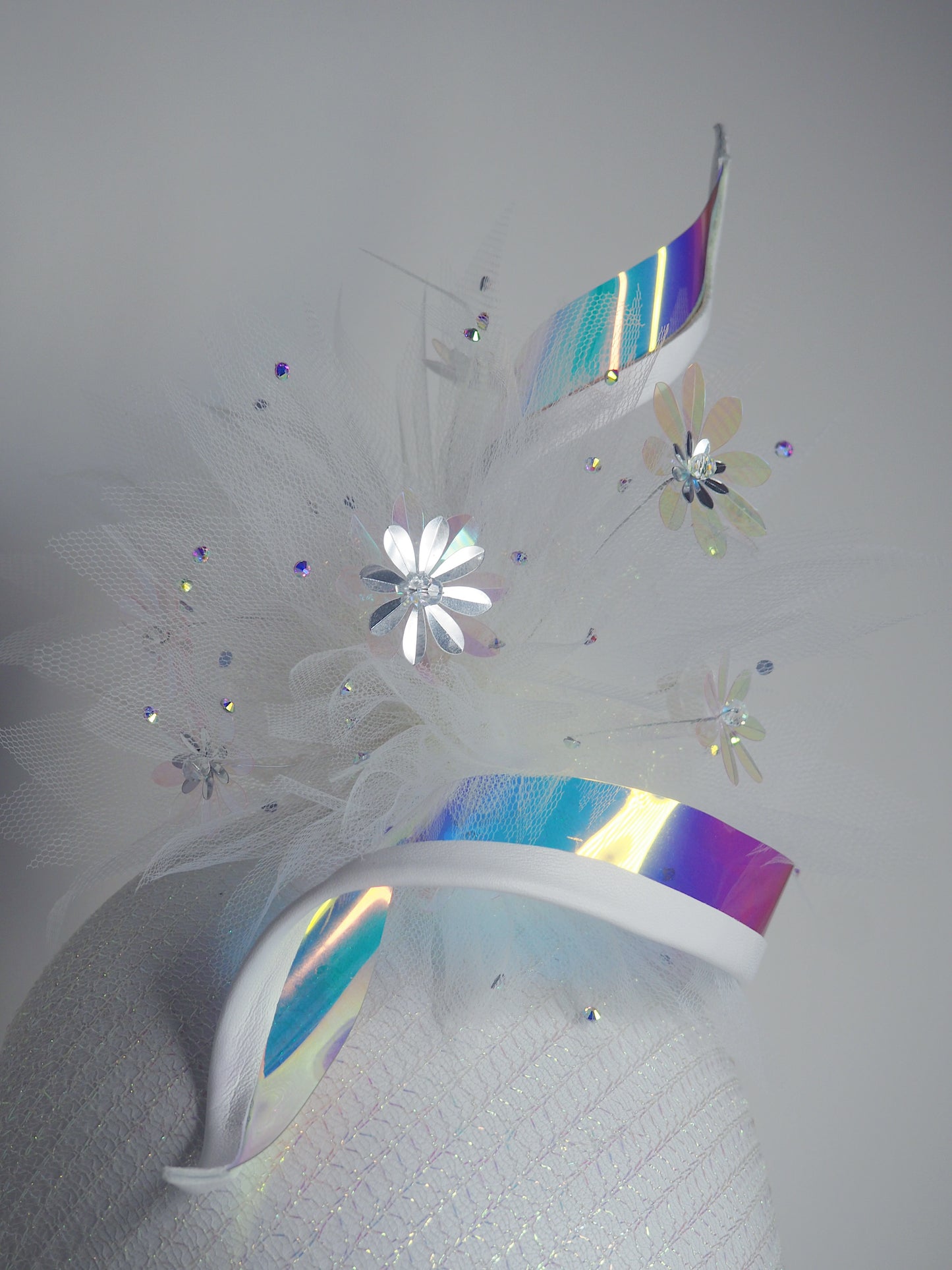 *worn once reduced - Unicorn Dreams - White leather Beret base with iridescent mesh, leather edged swirl and a embellished tulle pom pom