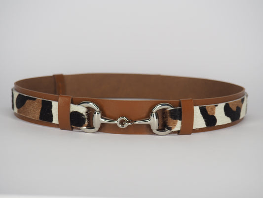 Adjustable Tan Leather Hat Band -Snow Leopard Print with Silver Horse Bit Hardware