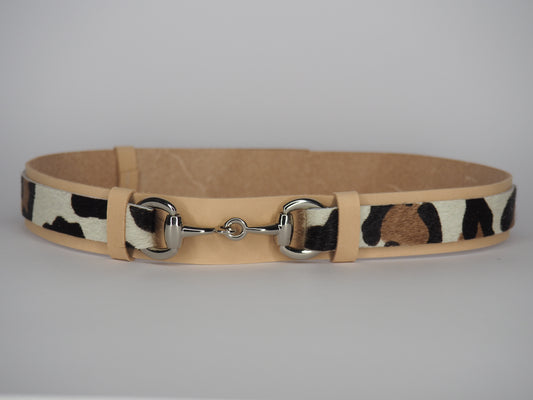 Adjustable Natural Vege Tan Leather Hat Band -Snow Leopard Print with Silver Bit Hardware