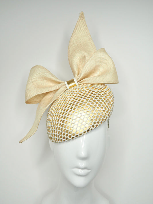 Golden Bowie - Natural Tinalak Straw Bow with textured off white and gold mesh with gold leather base