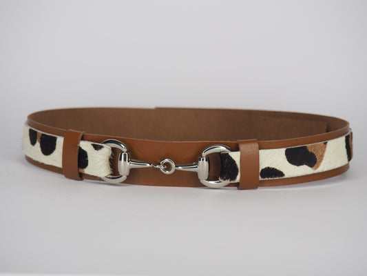 Adjustable whiskey Kangaroo Tan Leather Hat Band -Snow Leopard Print with silver  Bit Hardware