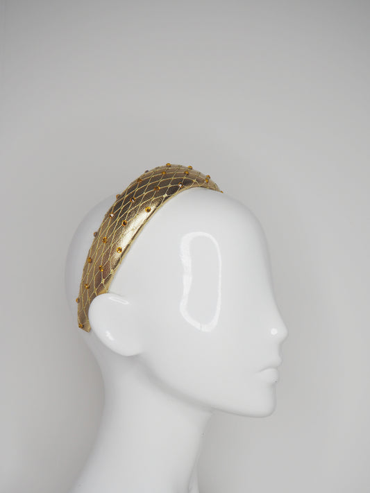 Zoe Sparkle - Leather padded headband with veil and Crystal Detial - Gold