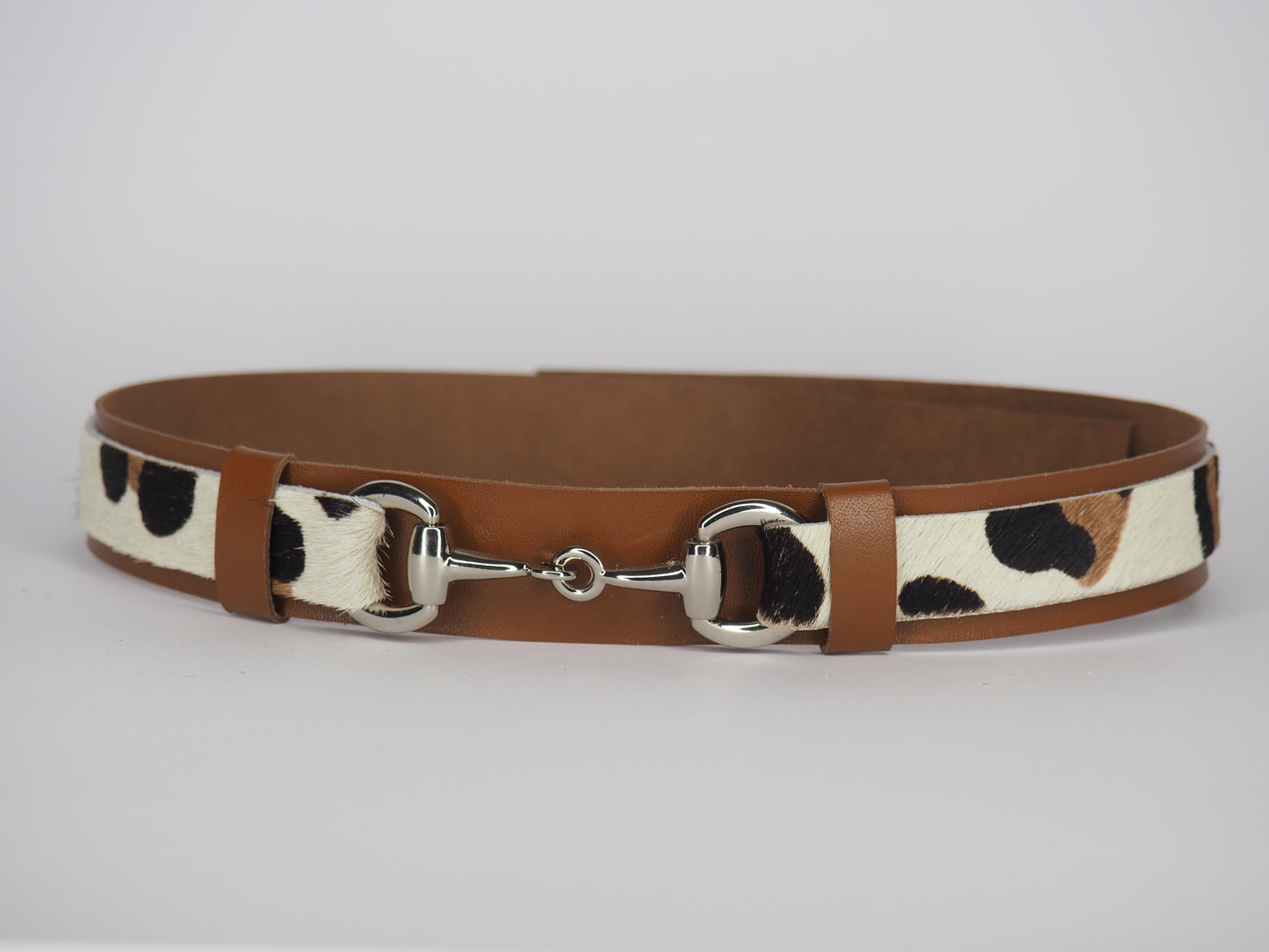 Adjustable Tan Leather Hat Band -Snow Leopard Print with Silver Horse Bit Hardware
