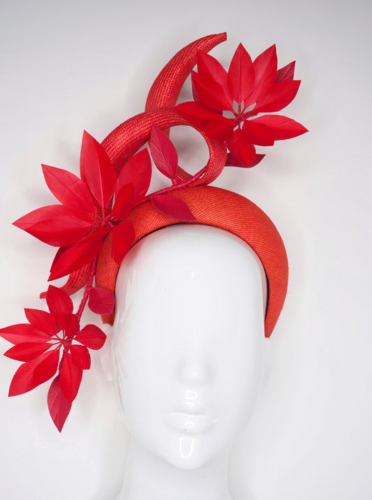 50 Shades of Red - Tinalak 3d Headband with hand cut and wired feather flowers and a red straw swirl
