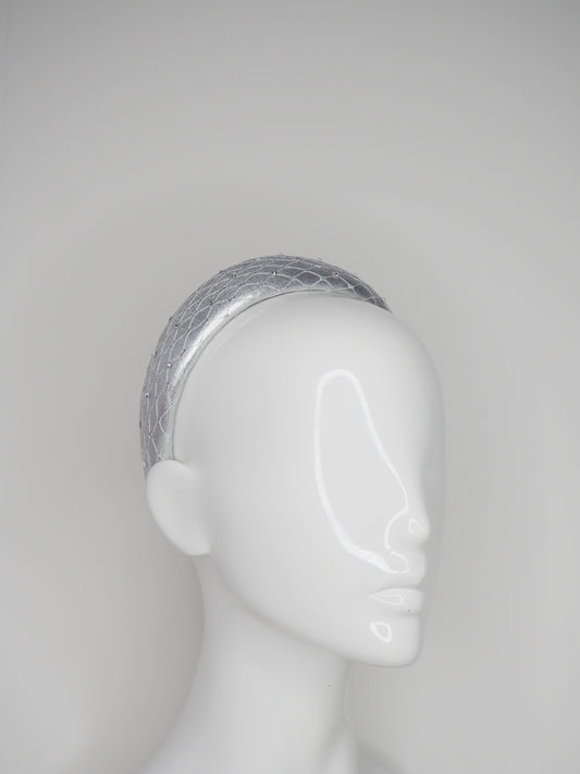 Zoe Sparkle - Leather padded headband with veil and Crystal Detail -Silver