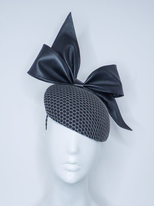 Bowie - Black Leather bow with textured silver and black mesh base