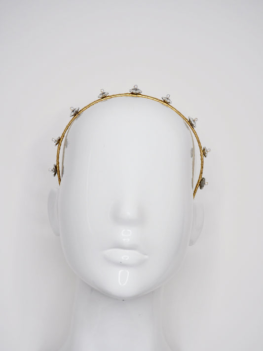 Little Blossom - gold - Mirrored blossom with pearl detail on gold leather headband