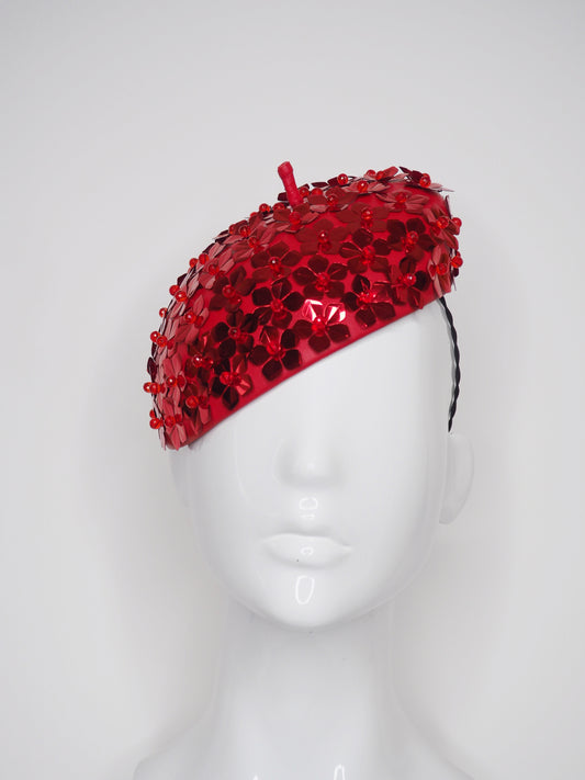 Red Blossom - Sequin blossom embellished beret headpiece