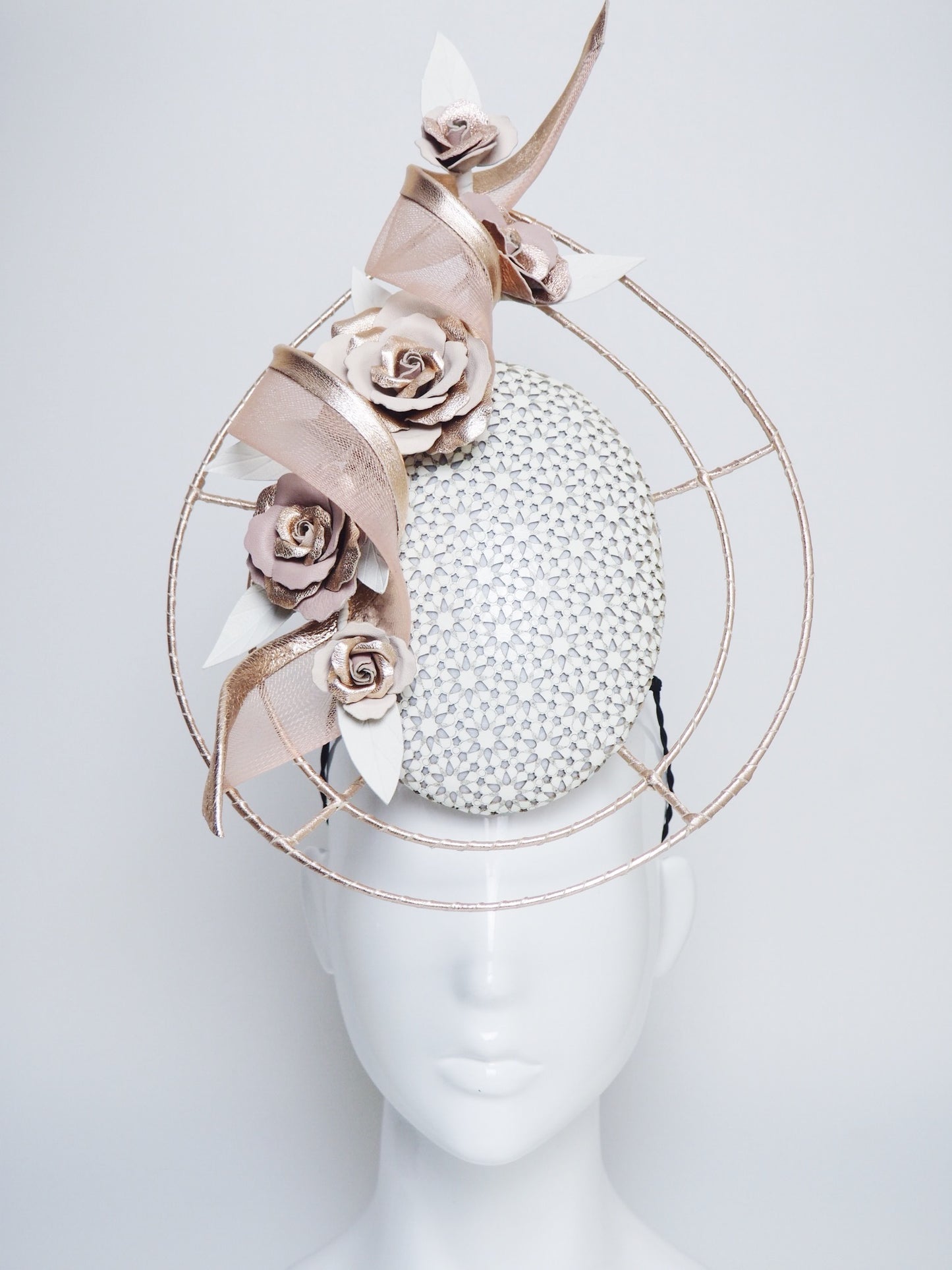 Gently Does It - Off white, nude and rose gold percher with a crinoline swirl and Rose detial