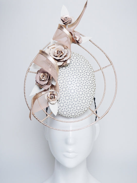 Gently Does It - Off white, nude and rose gold percher with a crinoline swirl and Rose detial