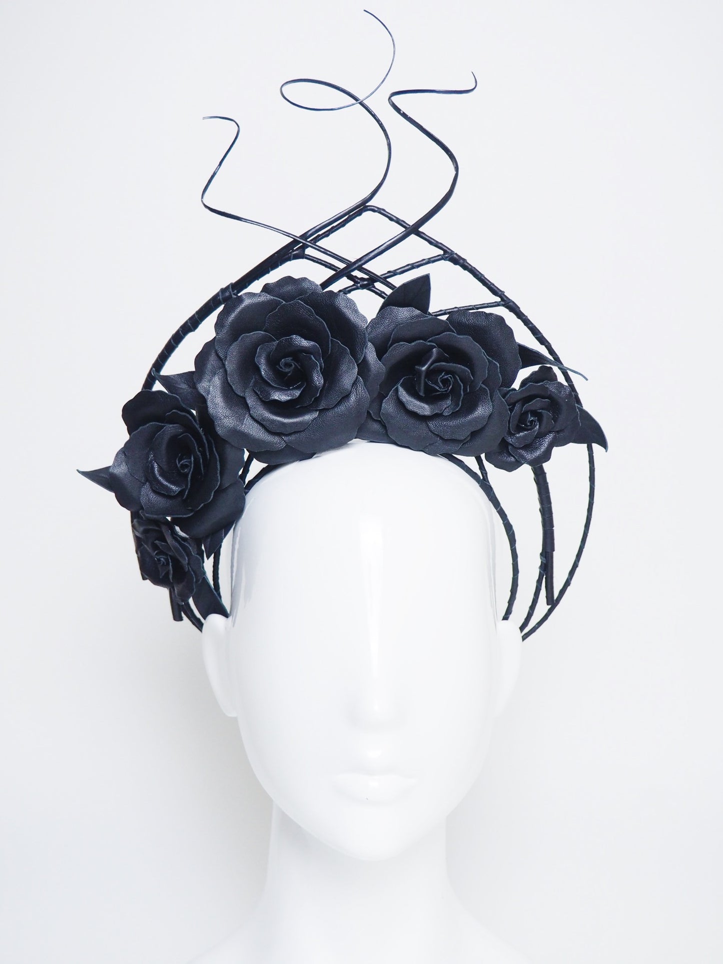 Forever And Always -  Black asymmetrical wired leather halo with quills and roses.