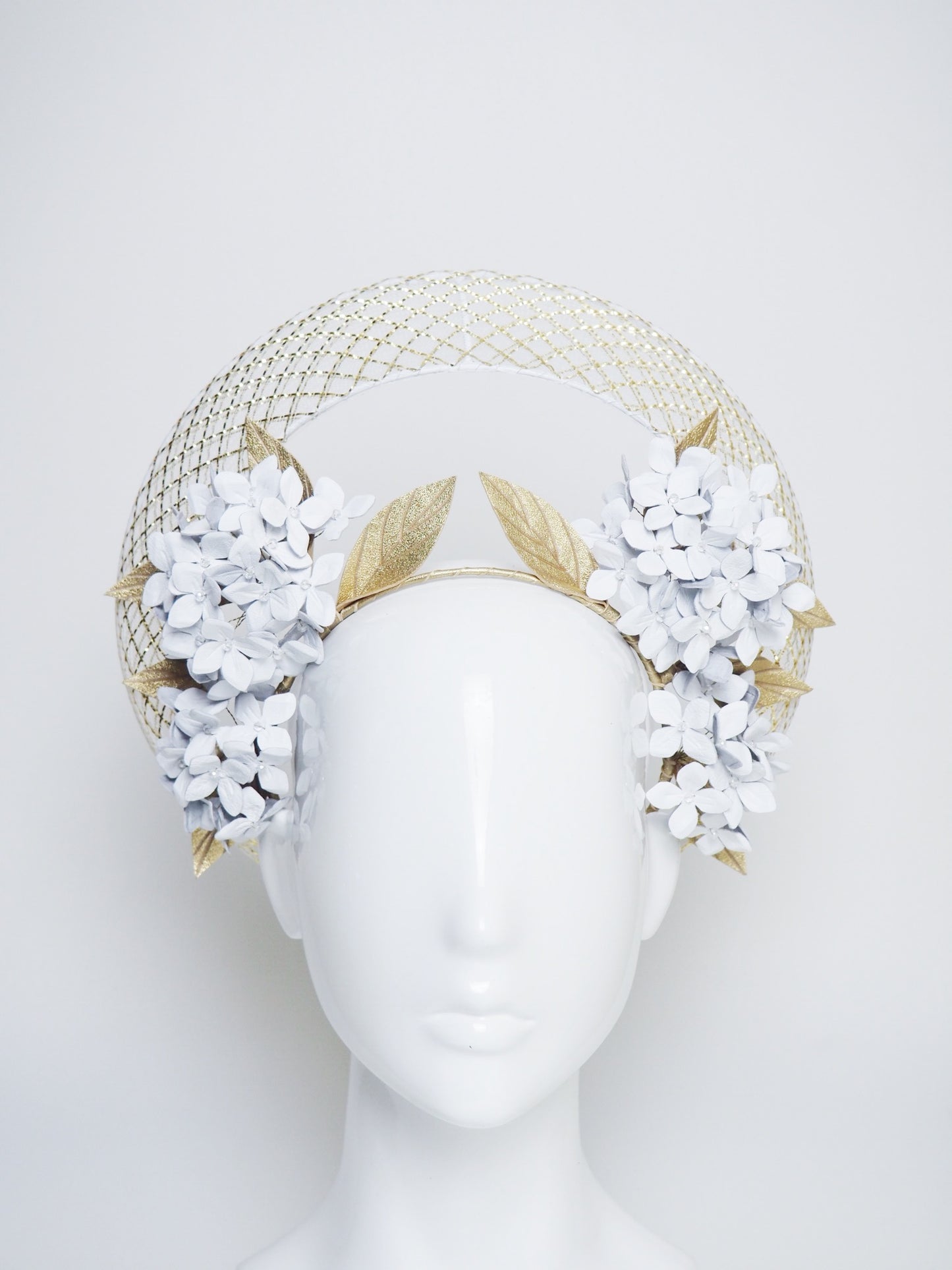 Golden days - White Hydrangea halo with gold and white crinoline detailing