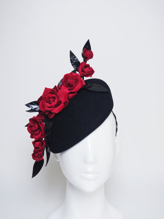 Velvet Touch - Black felt headpiece with red velvet roses