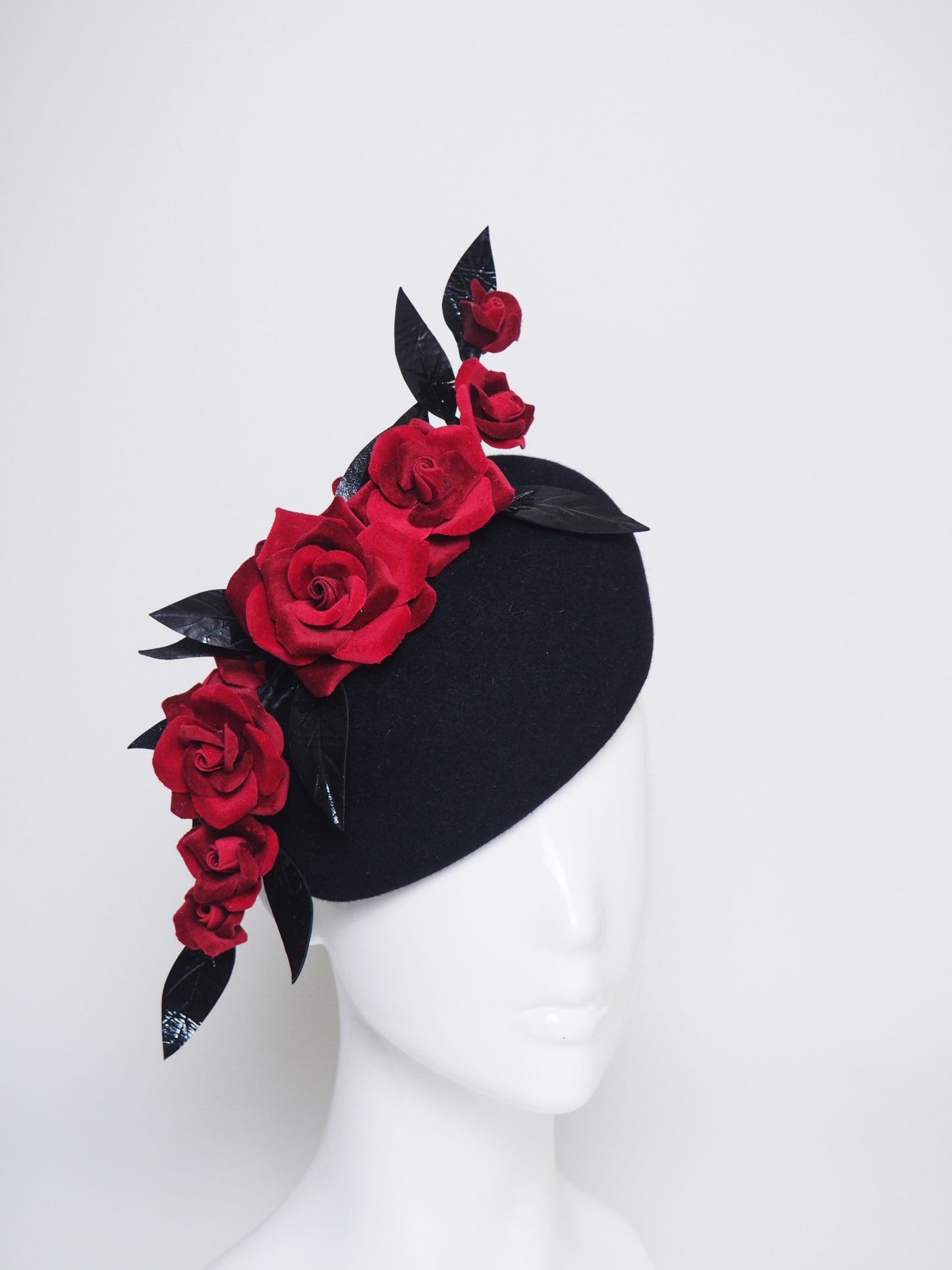 Velvet Touch - Black felt headpiece with red velvet roses