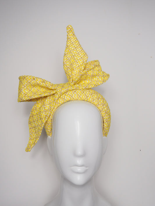 Slice of Sunshine - Yellow, white and rose gold tweed bow on 3d headband