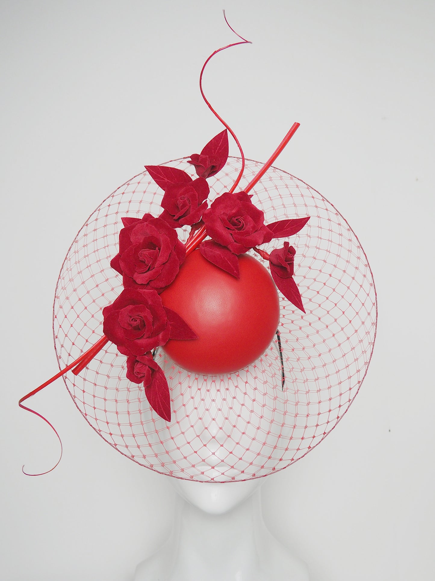 Roses are red - Scarlet red leather Percher with velvet roses and veil