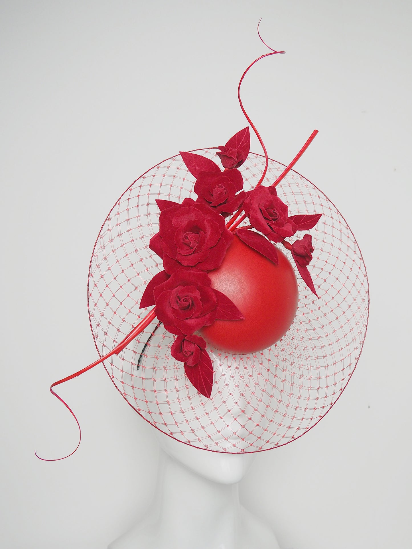 Roses are red - Scarlet red leather Percher with velvet roses and veil