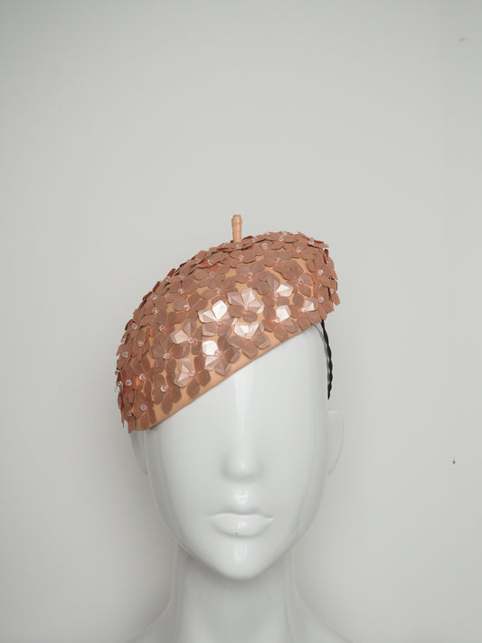 Blossom - Peachy pink - Dusty pink beaded Sequin flower on a peach leather beret