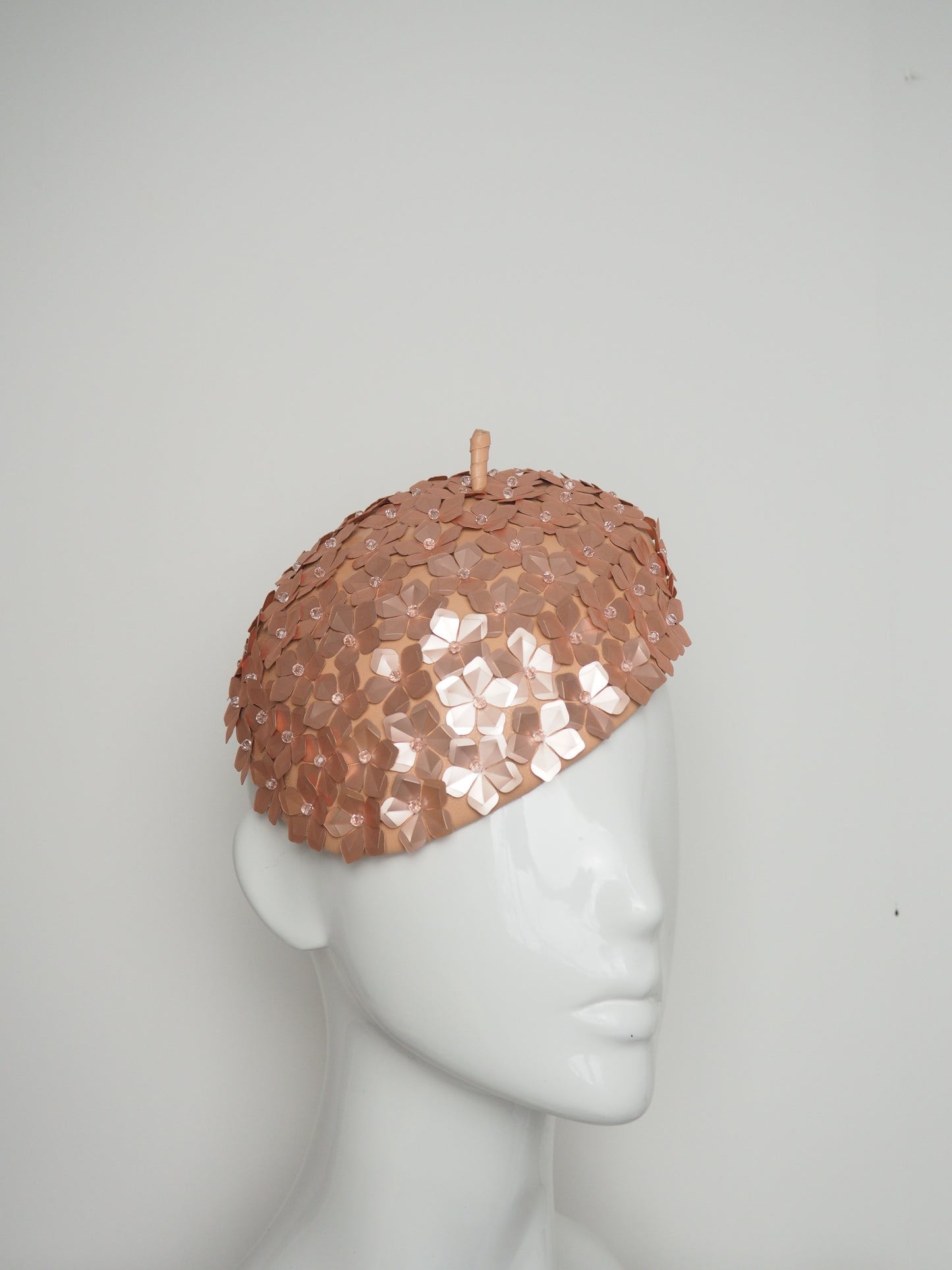 Blossom - Peachy pink - Dusty pink beaded Sequin flower on a peach leather beret