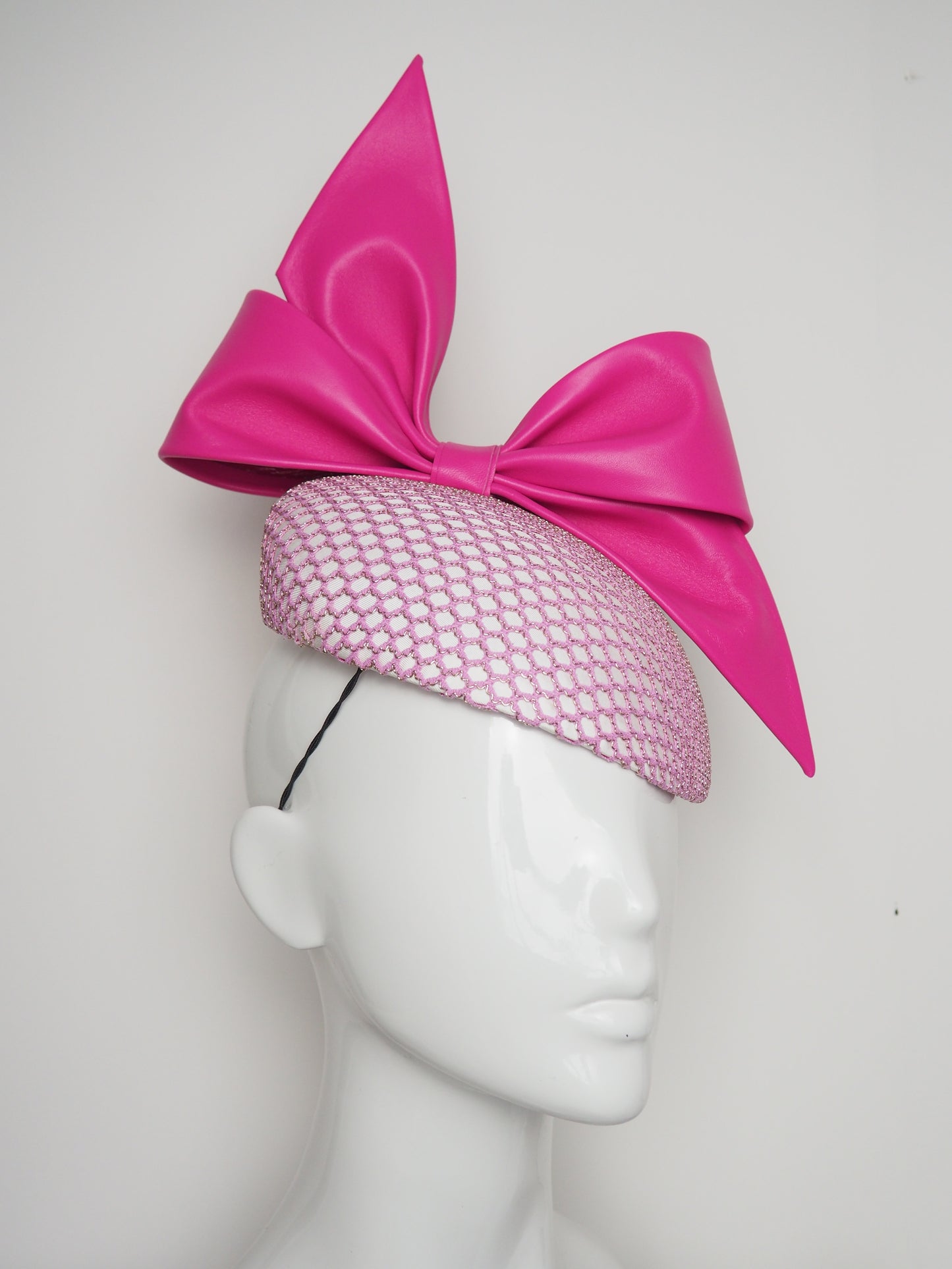 Bowie - Hot Pink Leather bow with hand dyed mesh with gold lurex beret base
