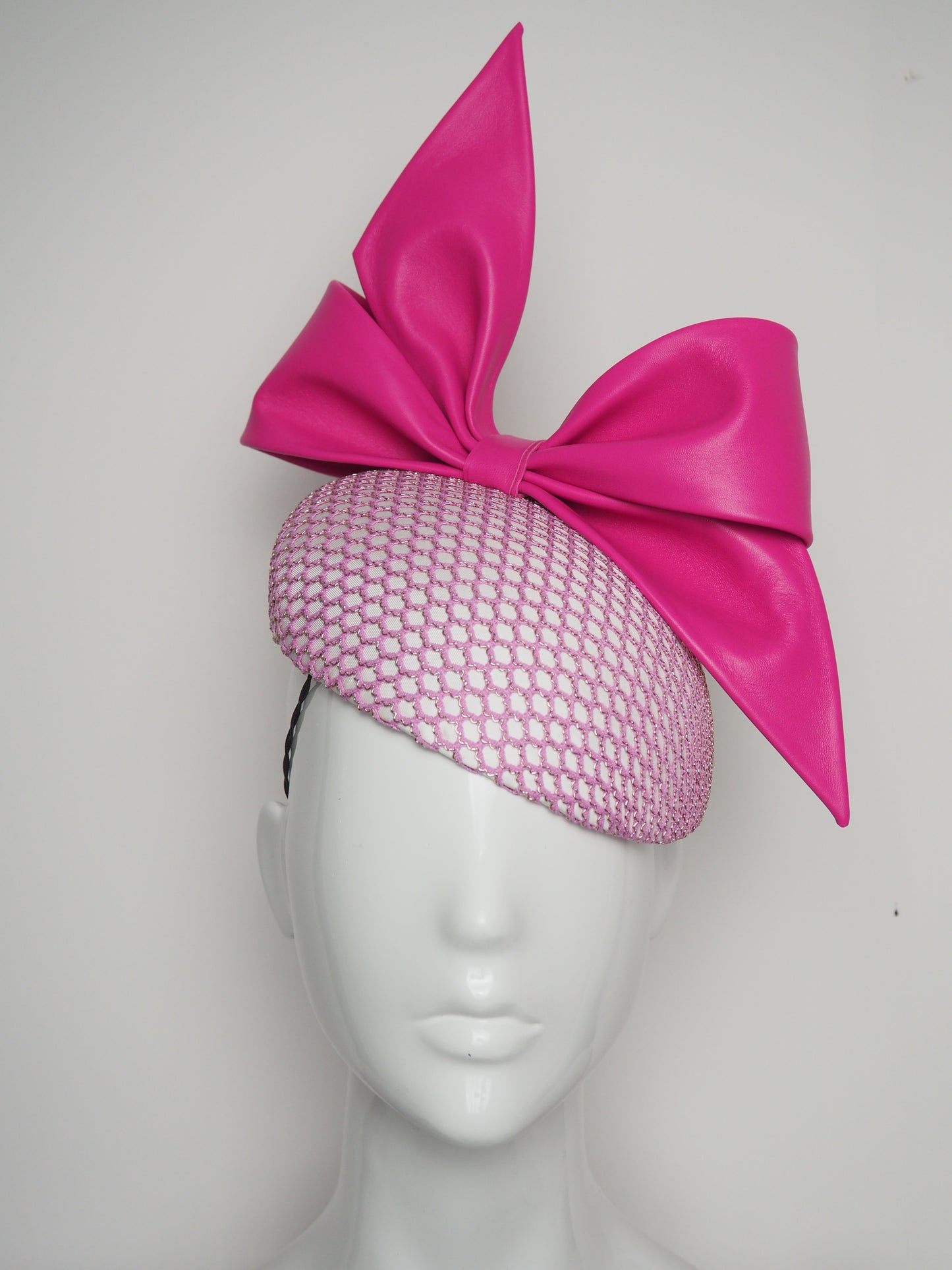 Bowie - Hot Pink Leather bow with hand dyed mesh with gold lurex beret base