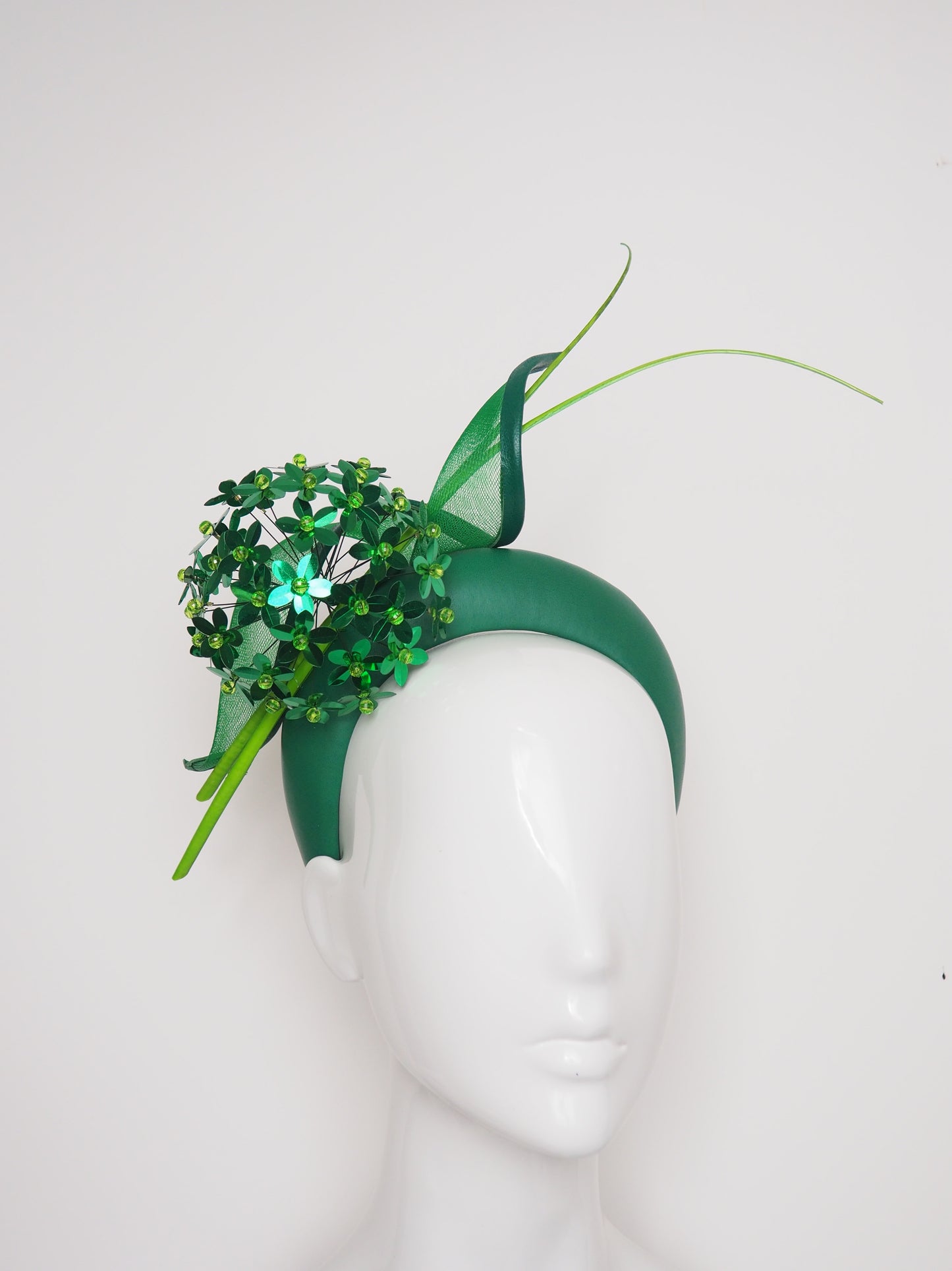 Green With Envy - Emerald Green 3d Headband with a Green Allium flower and crinoline swirl