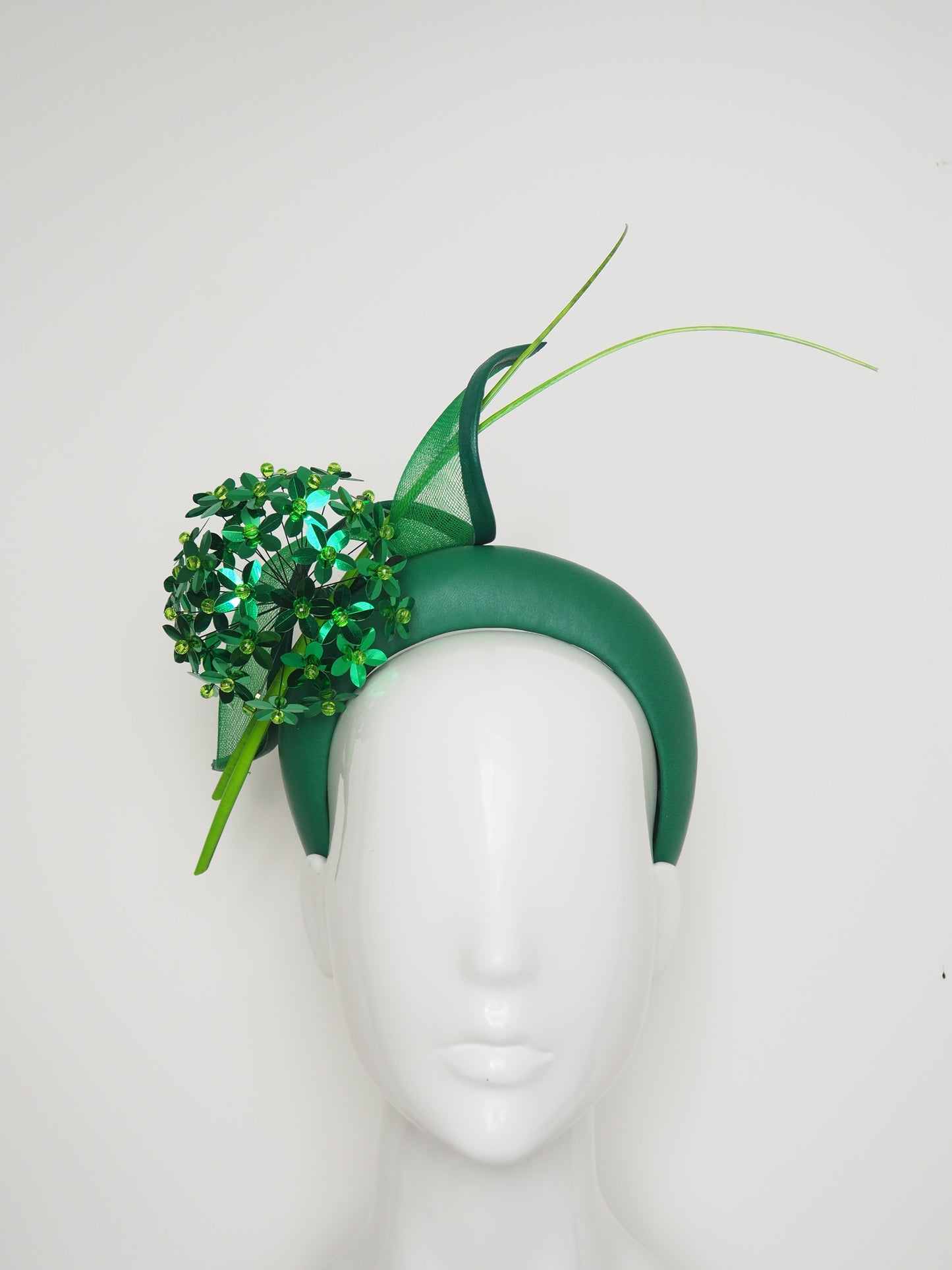 Green With Envy - Emerald Green 3d Headband with a Green Allium flower and crinoline swirl