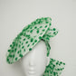 Spottie Dottie -White Leather Coolie brim with spotted green tulle overlay and wired bow.