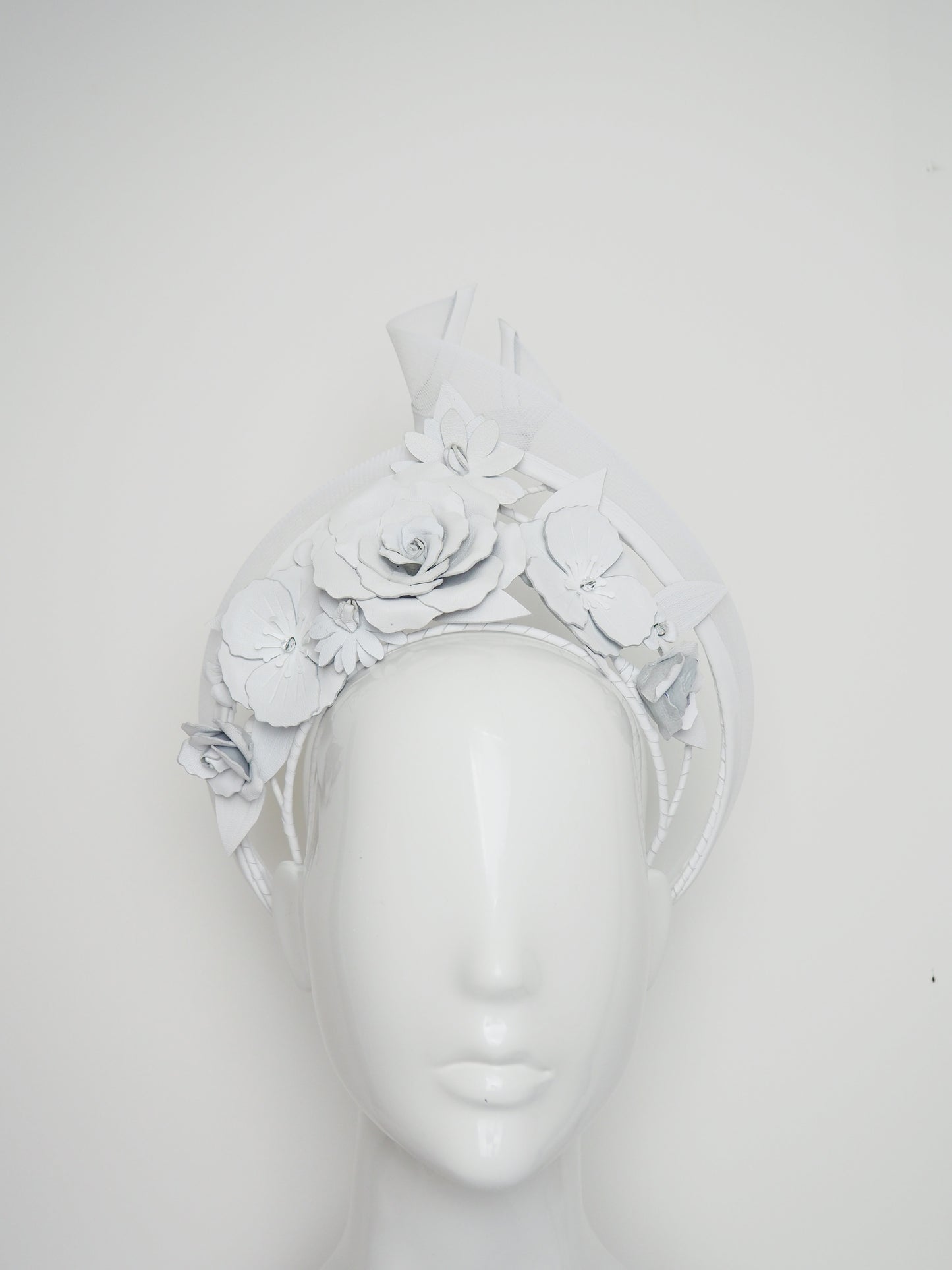 Forever And Always - White asymmetrical wired leather pointed halo with roses, poppies and blossoms