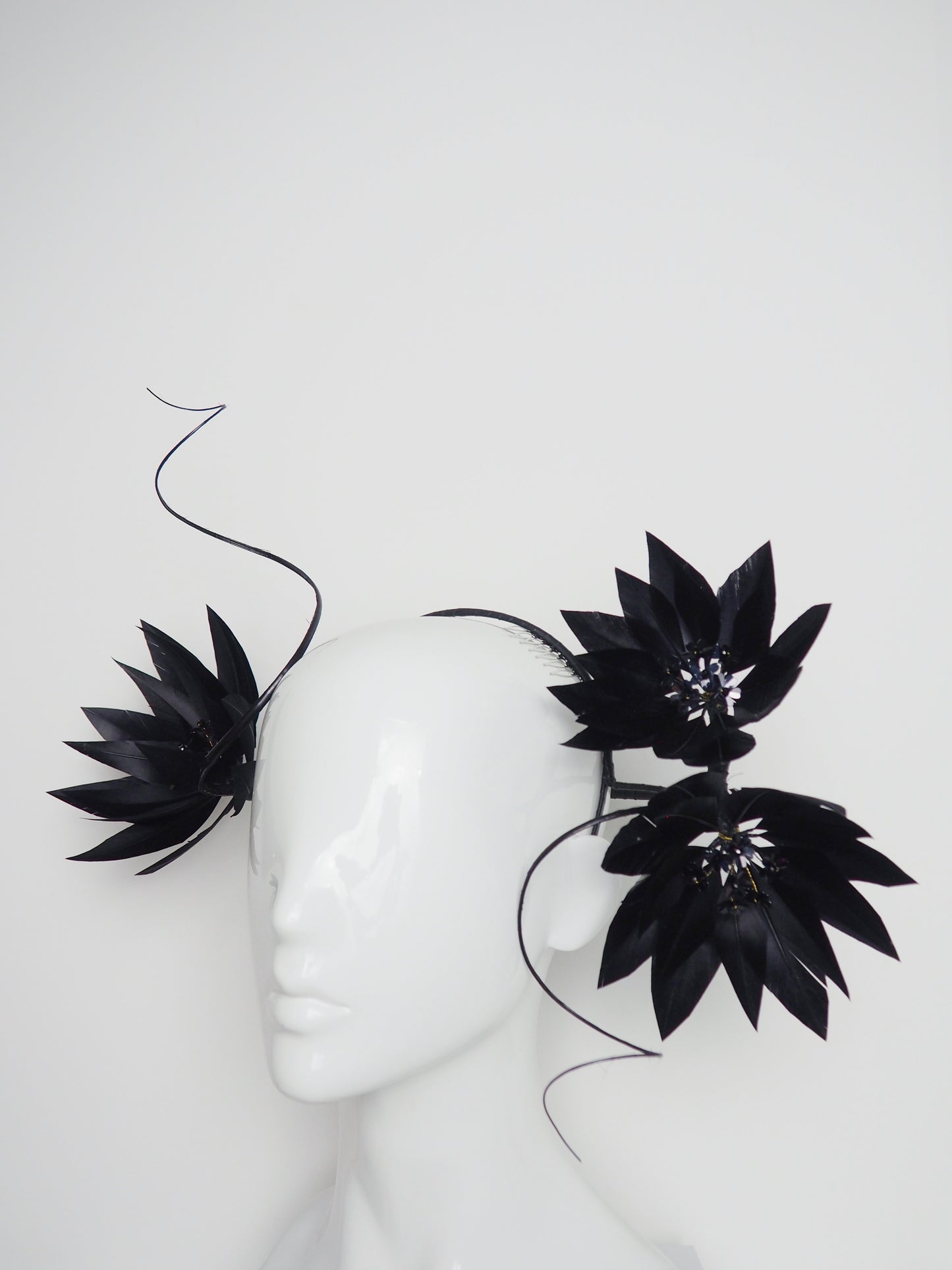 Midnight Magic - Black feather flower headband with wrap around quills