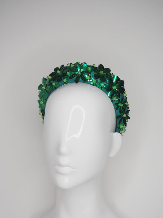 Flower Power - Green 3D Straw headband with beaded sequin detail