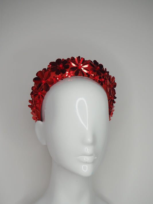 Flower Power - Red 3D Straw headband with beaded sequin detail