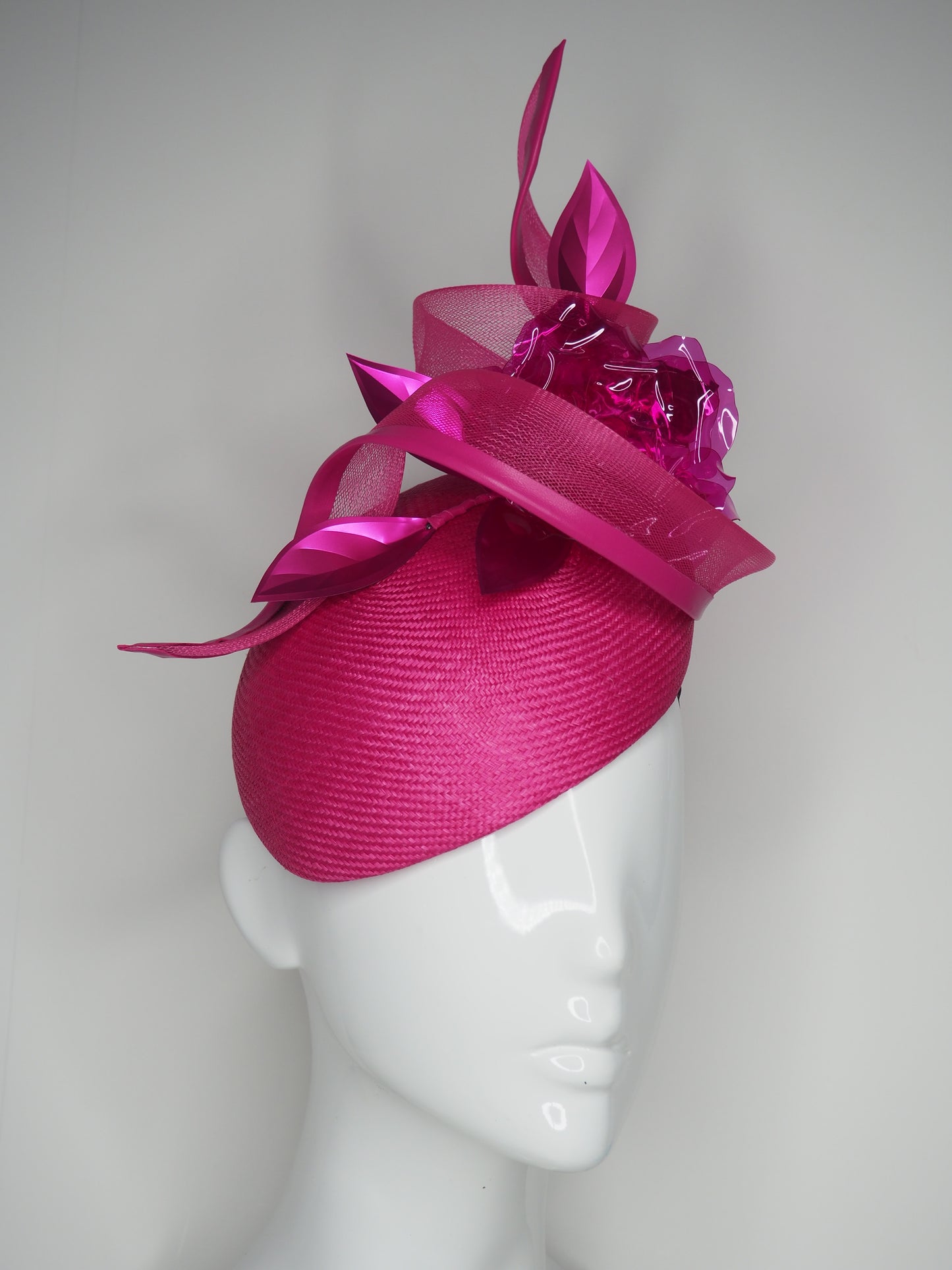 Hot Magenta - Hot pink parisissal straw with Crinoline swirl, oversize crystoform rose and magenta accents