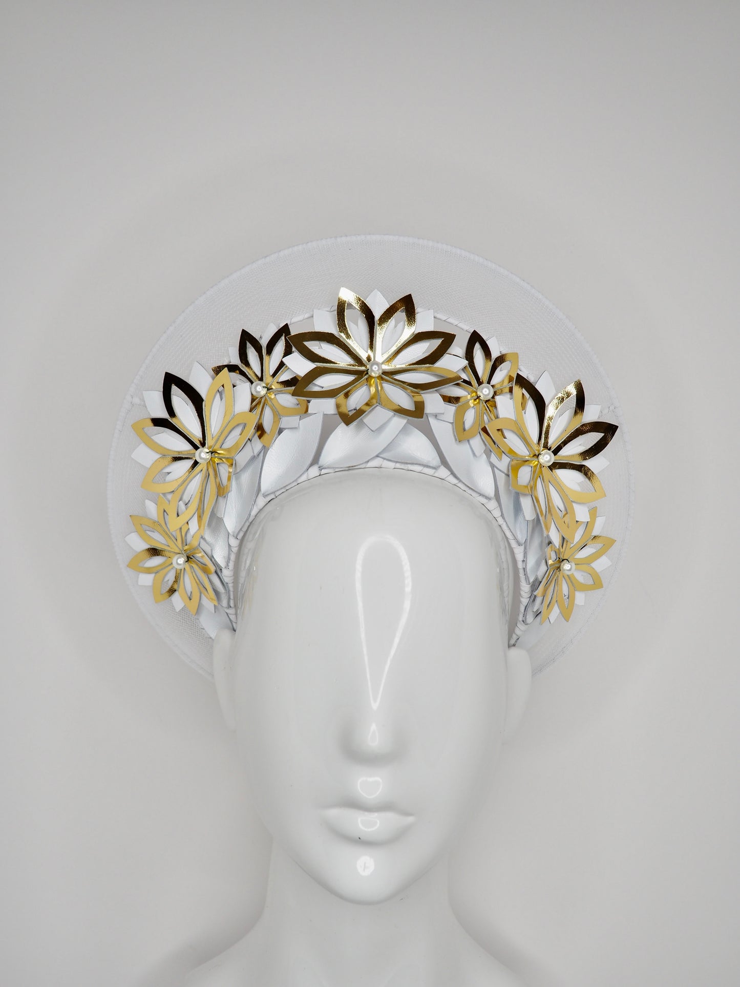 Hello Halo - Gold gloss leather cutout flowers with wired crinoline halo and white details