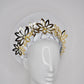Hello Halo - Gold gloss leather cutout flowers with wired crinoline halo and white details