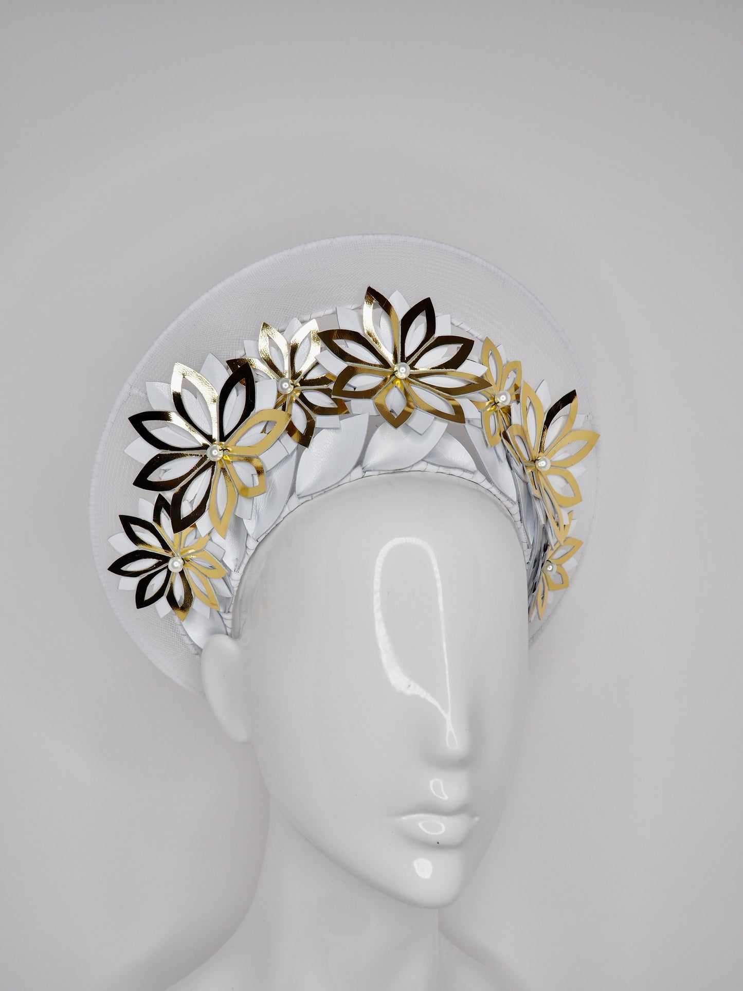 Hello Halo - Gold gloss leather cutout flowers with wired crinoline halo and white details