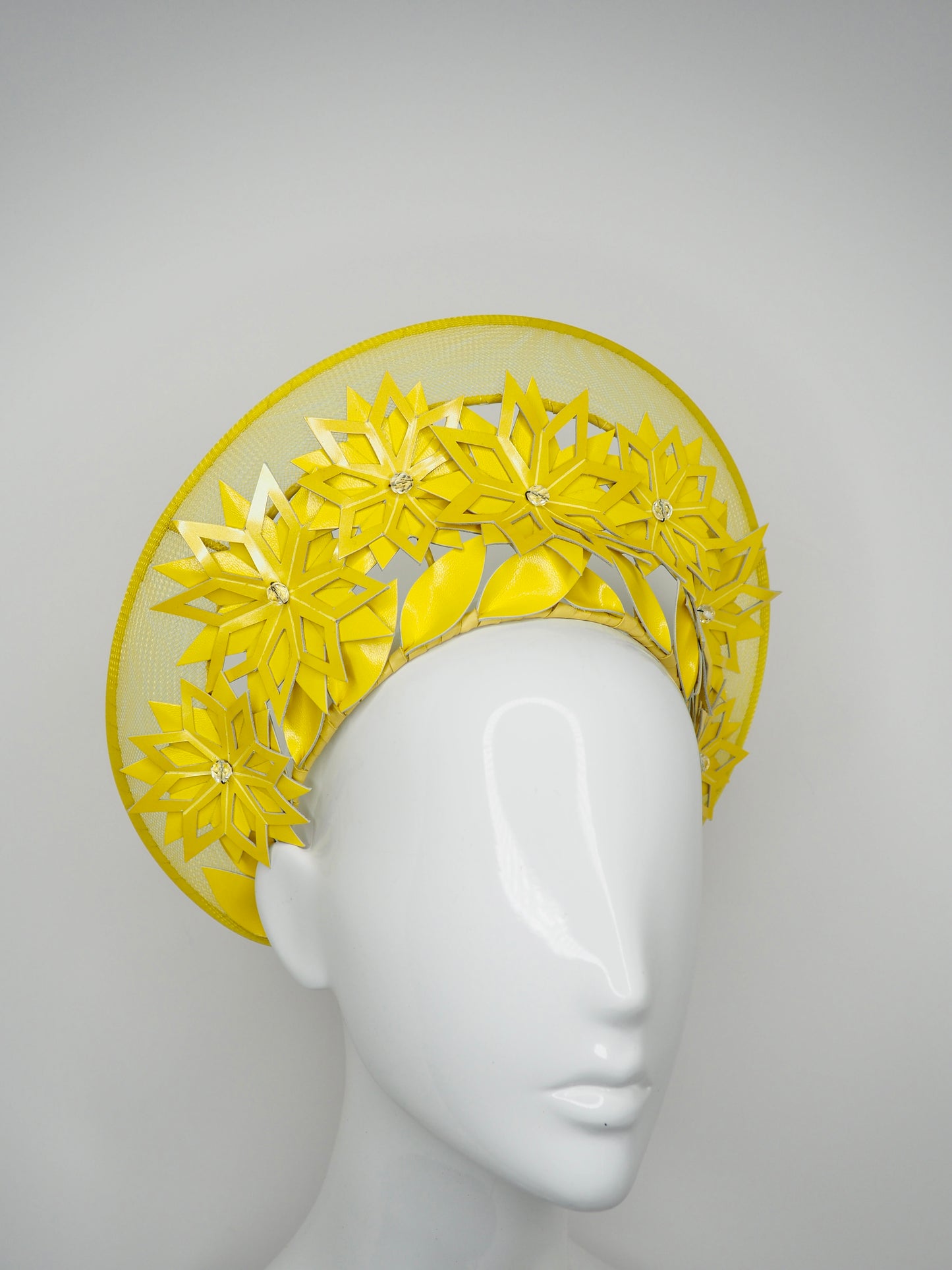 Sunshine - Yellow patent leather cutout flowers with wired crinoline halo