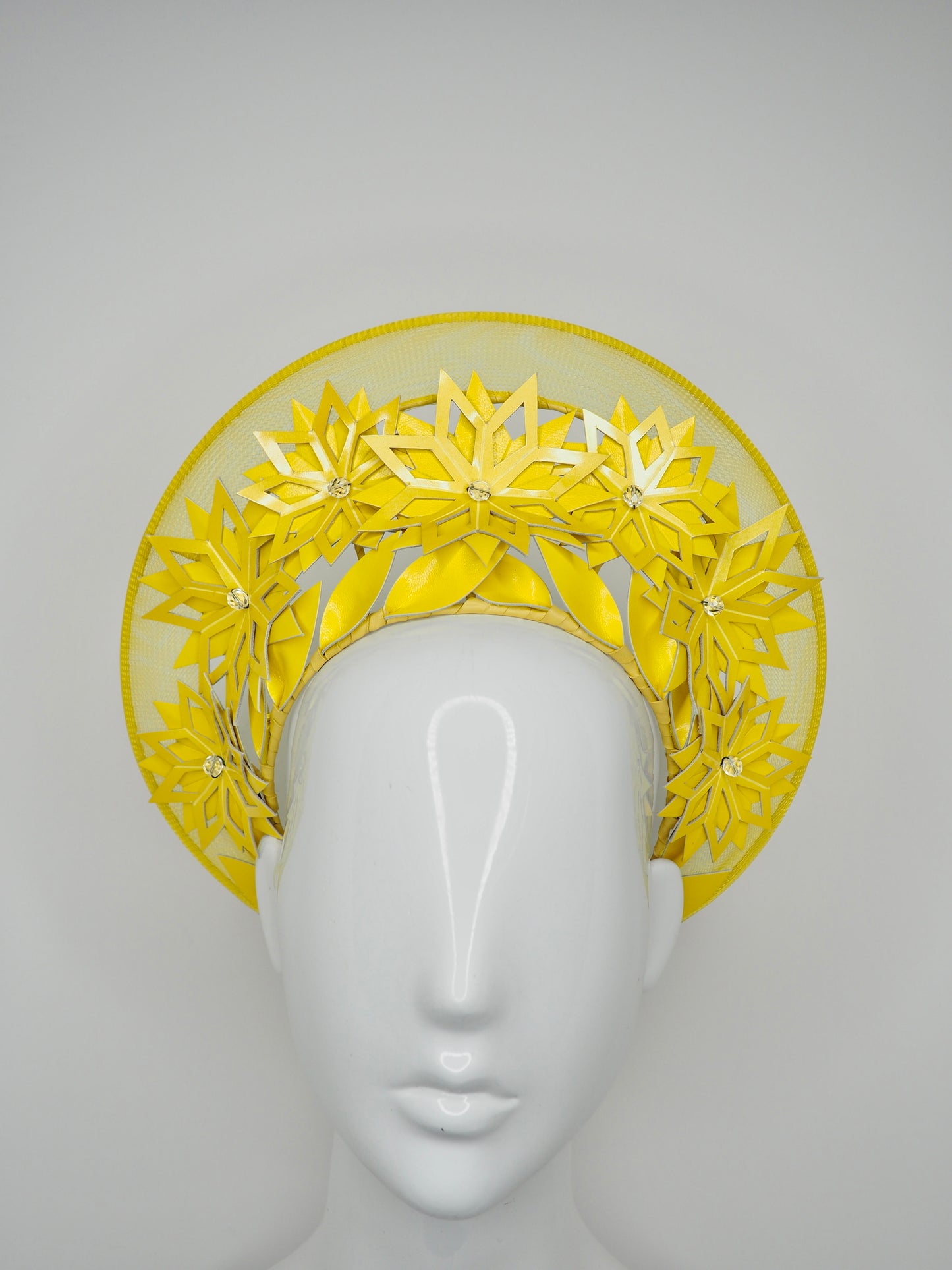Sunshine - Yellow patent leather cutout flowers with wired crinoline halo