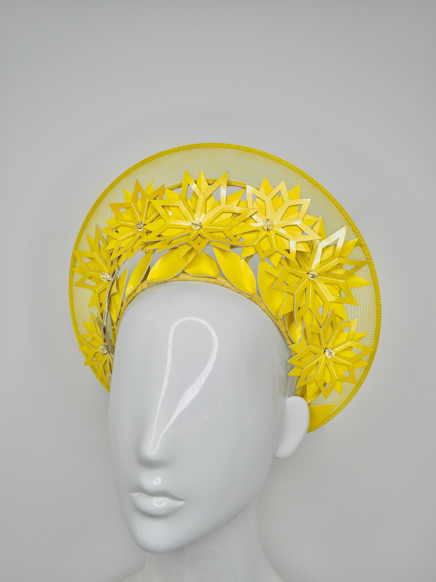 Sunshine - Yellow patent leather cutout flowers with wired crinoline halo