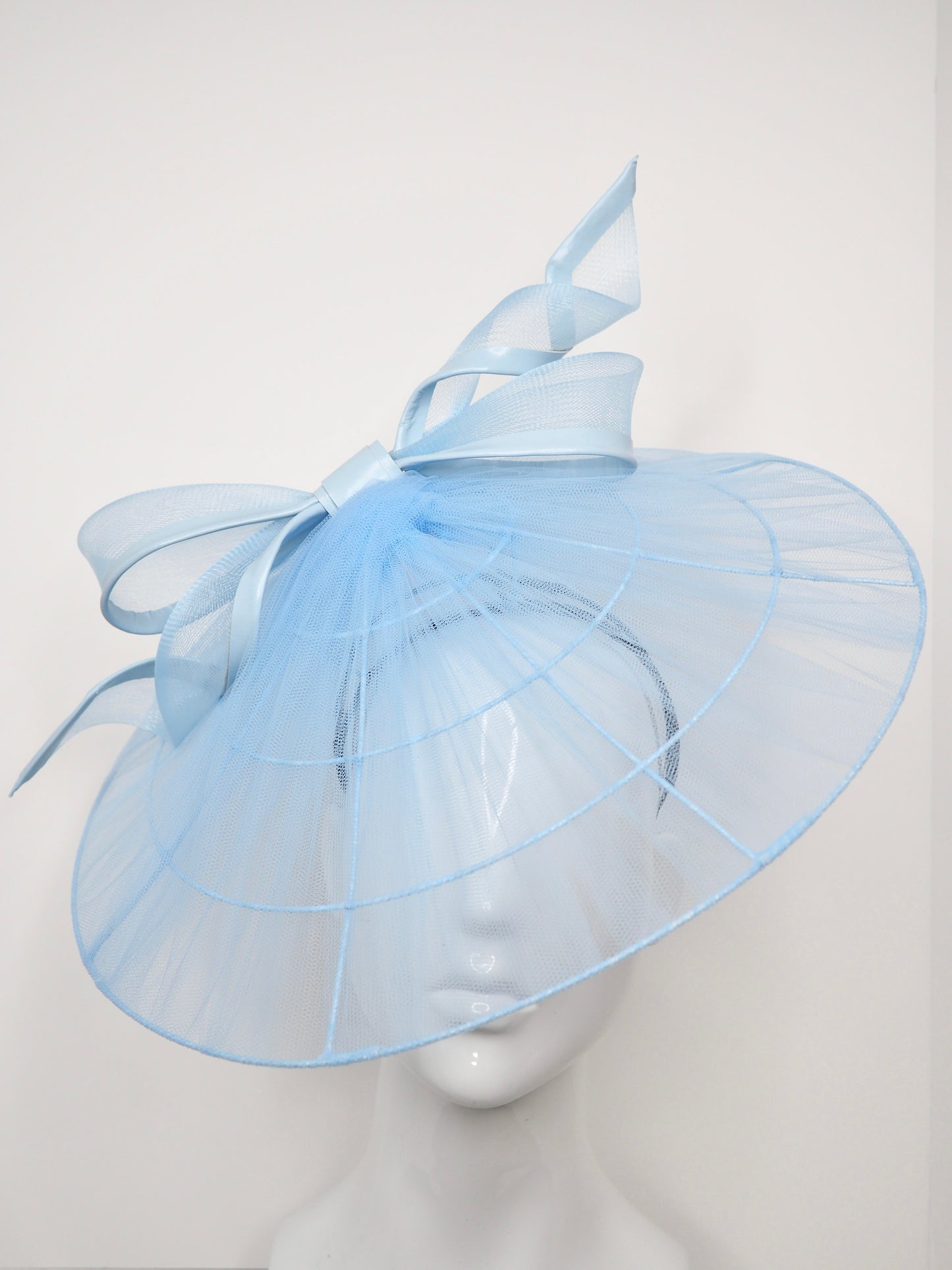 Little Blue Bow - Tulle wired coolie brim with baby blue crinoline bow and leather trim