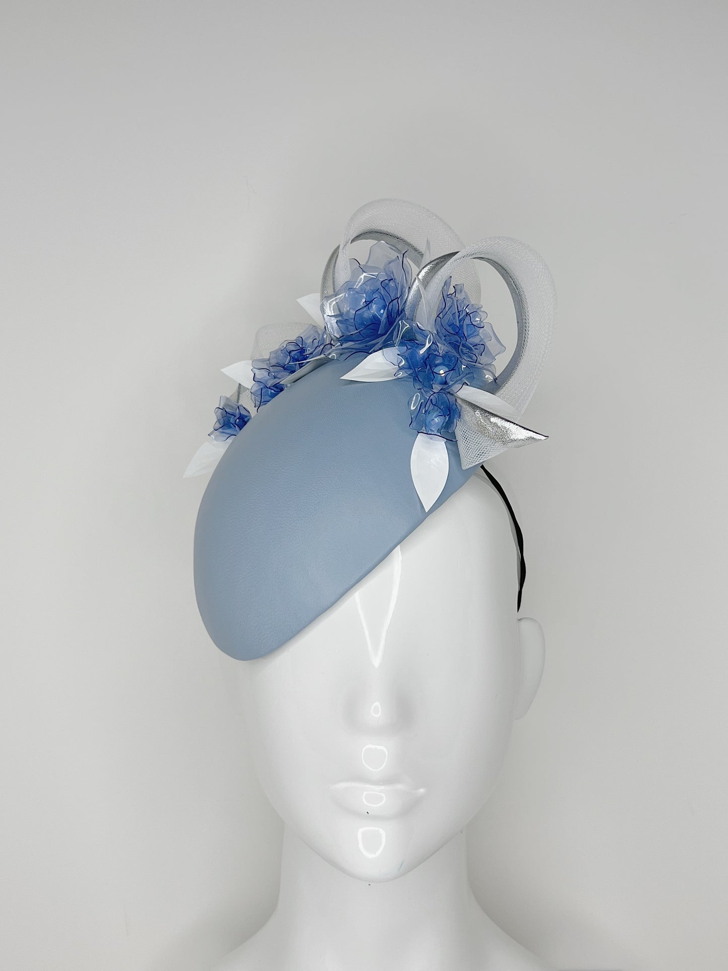 Blue Belle - Powder blue leather face hugger Beret with crystoform roses and silver edged swirl