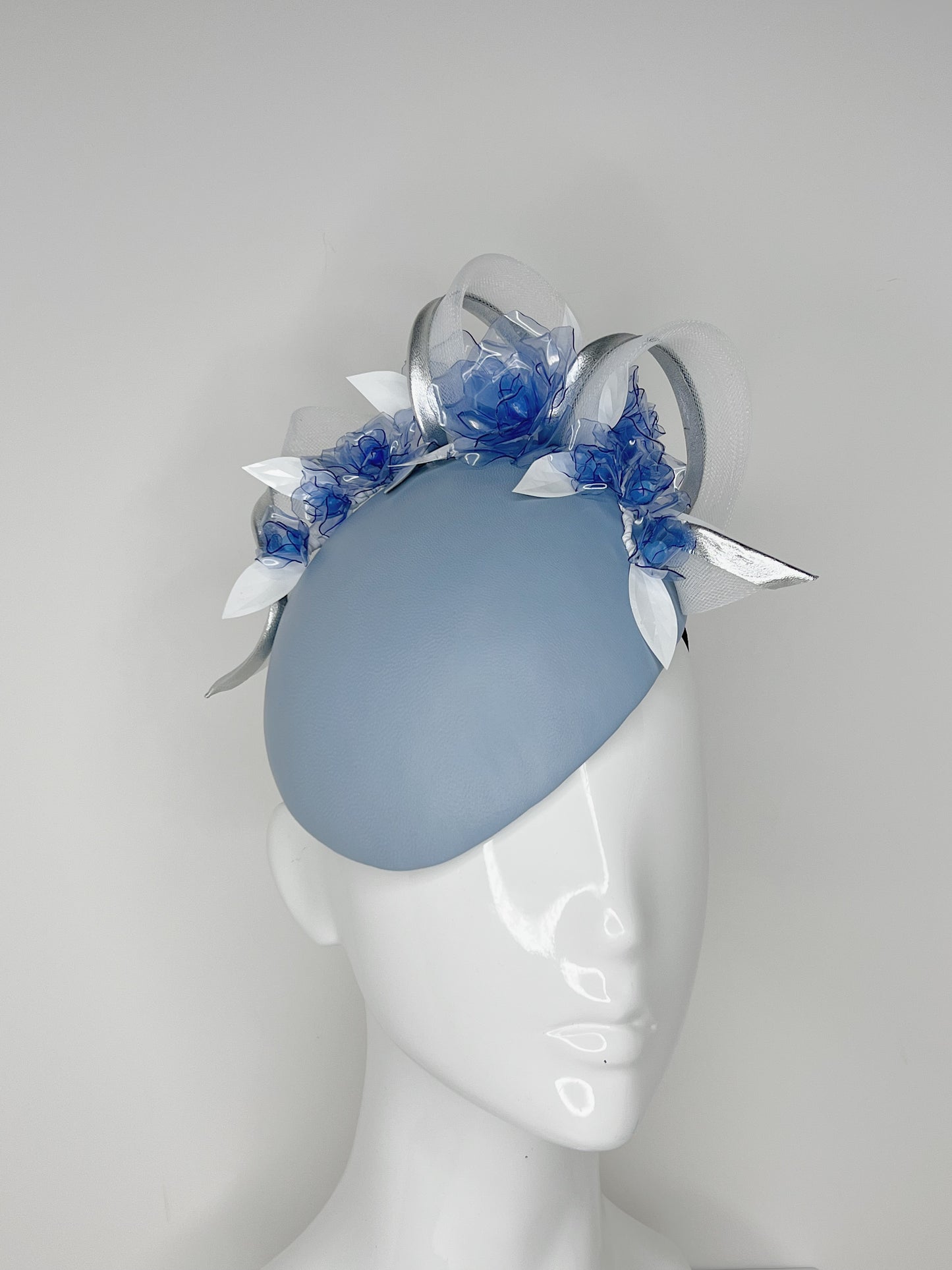 Blue Belle - Powder blue leather face hugger Beret with crystoform roses and silver edged swirl