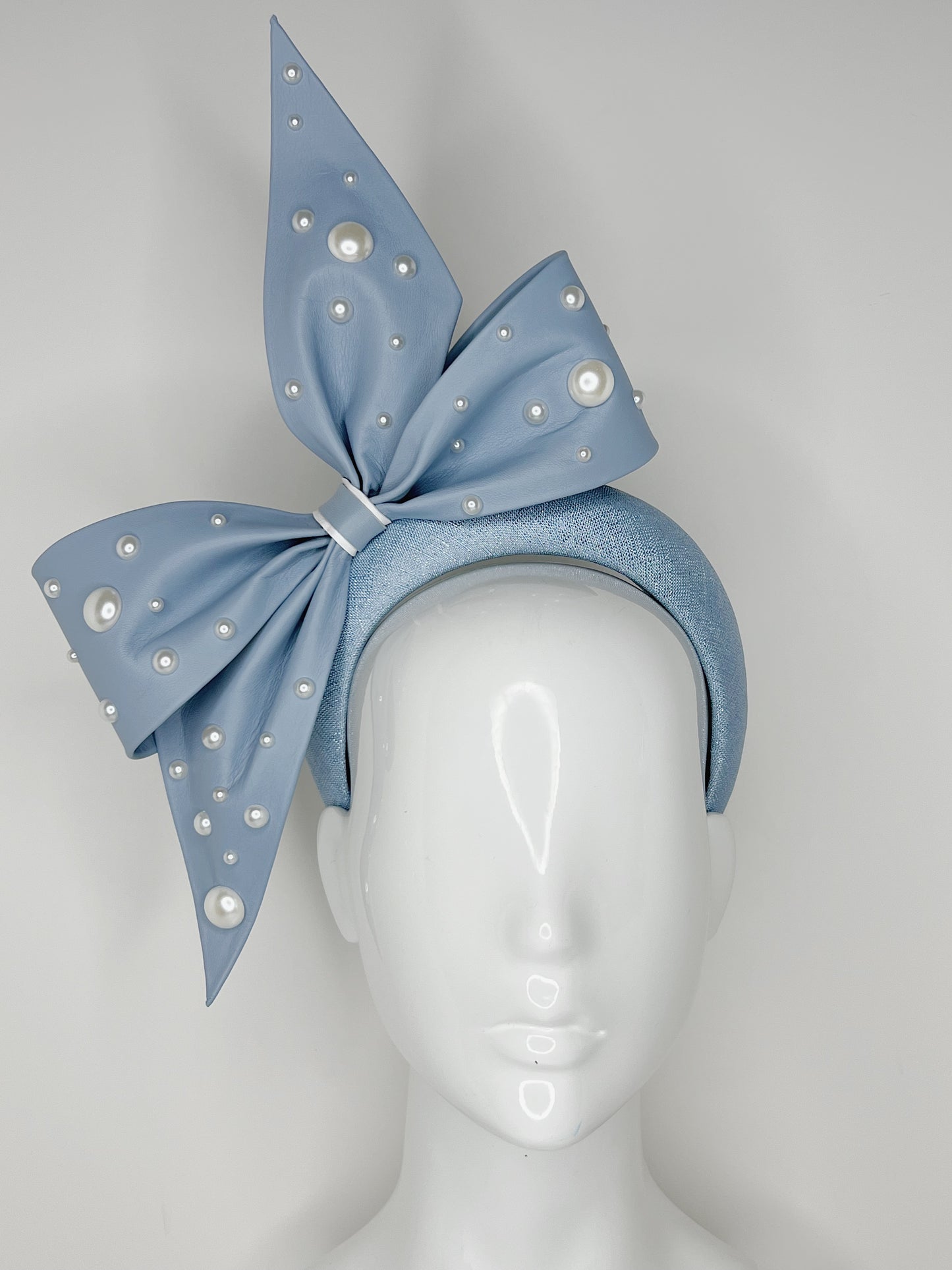 Little Blue Bow - Blue textured lurex fabric with powder blue bow and pearl detail