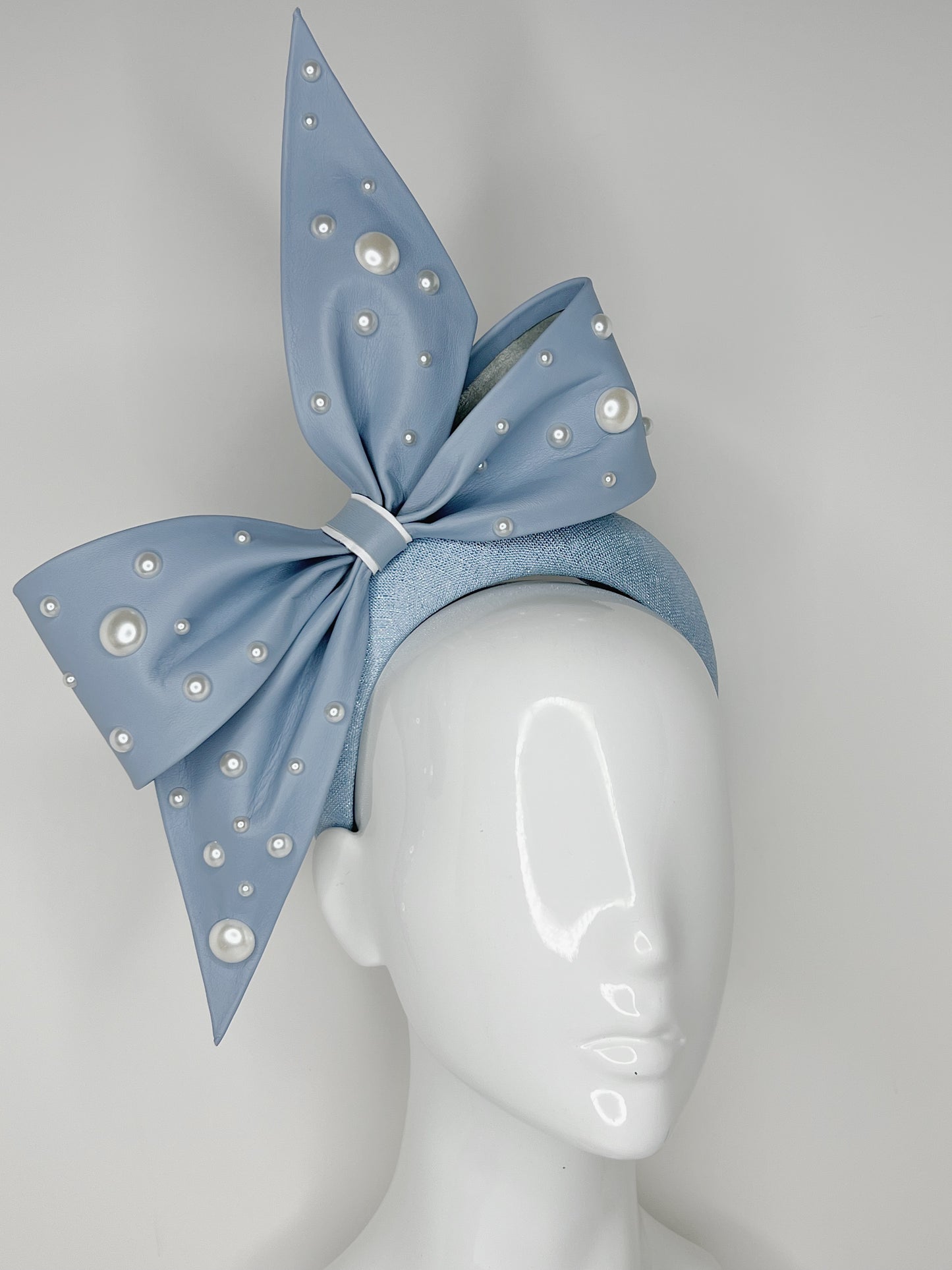 Little Blue Bow - Blue textured lurex fabric with powder blue bow and pearl detail