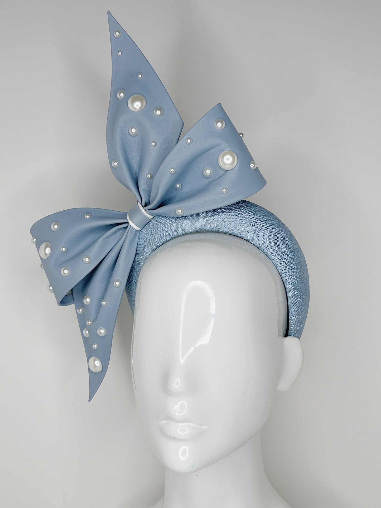 Little Blue Bow - Blue textured lurex fabric with powder blue bow and pearl detail