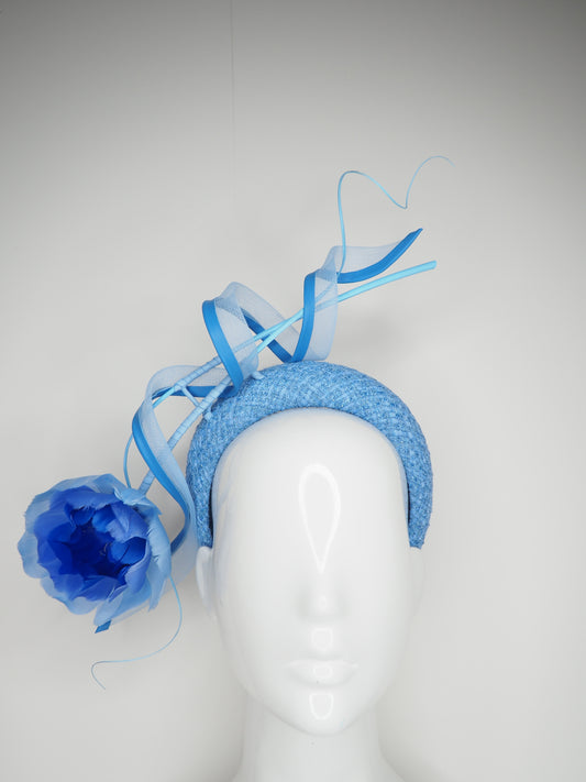 Blue Blue Sky - Cornflower Blue Hand Dyed Tweed with ombre rose, quills and a leather edged crinoline swirl