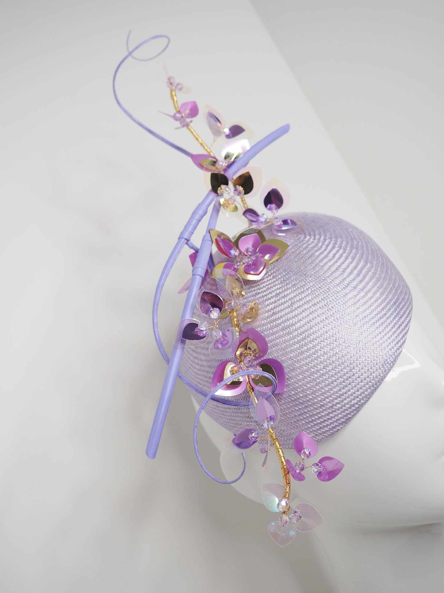 Purple Sky - Lilac facehugger base with sequinned blossoms and quills.