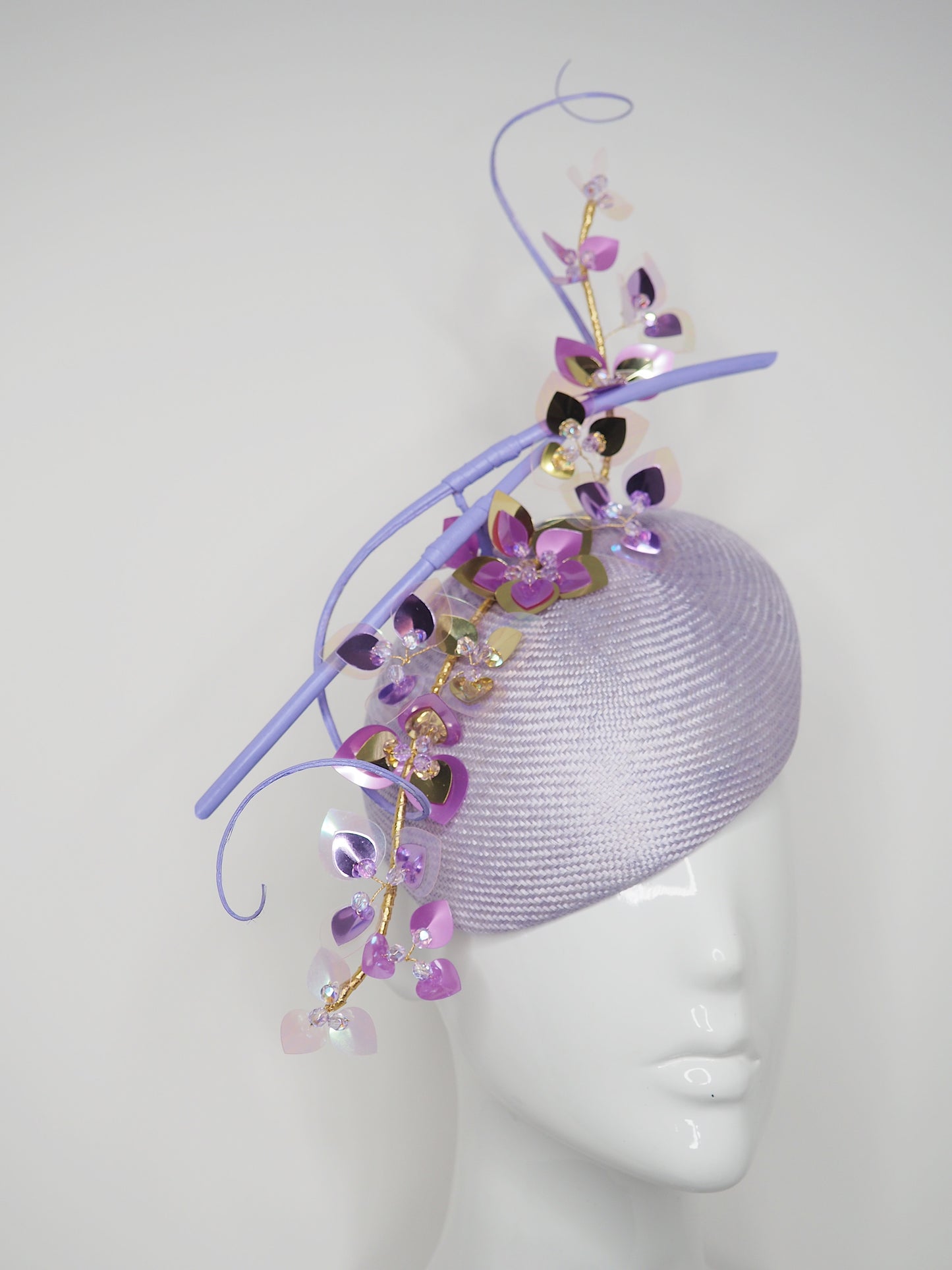 Purple Sky - Lilac facehugger base with sequinned blossoms and quills.