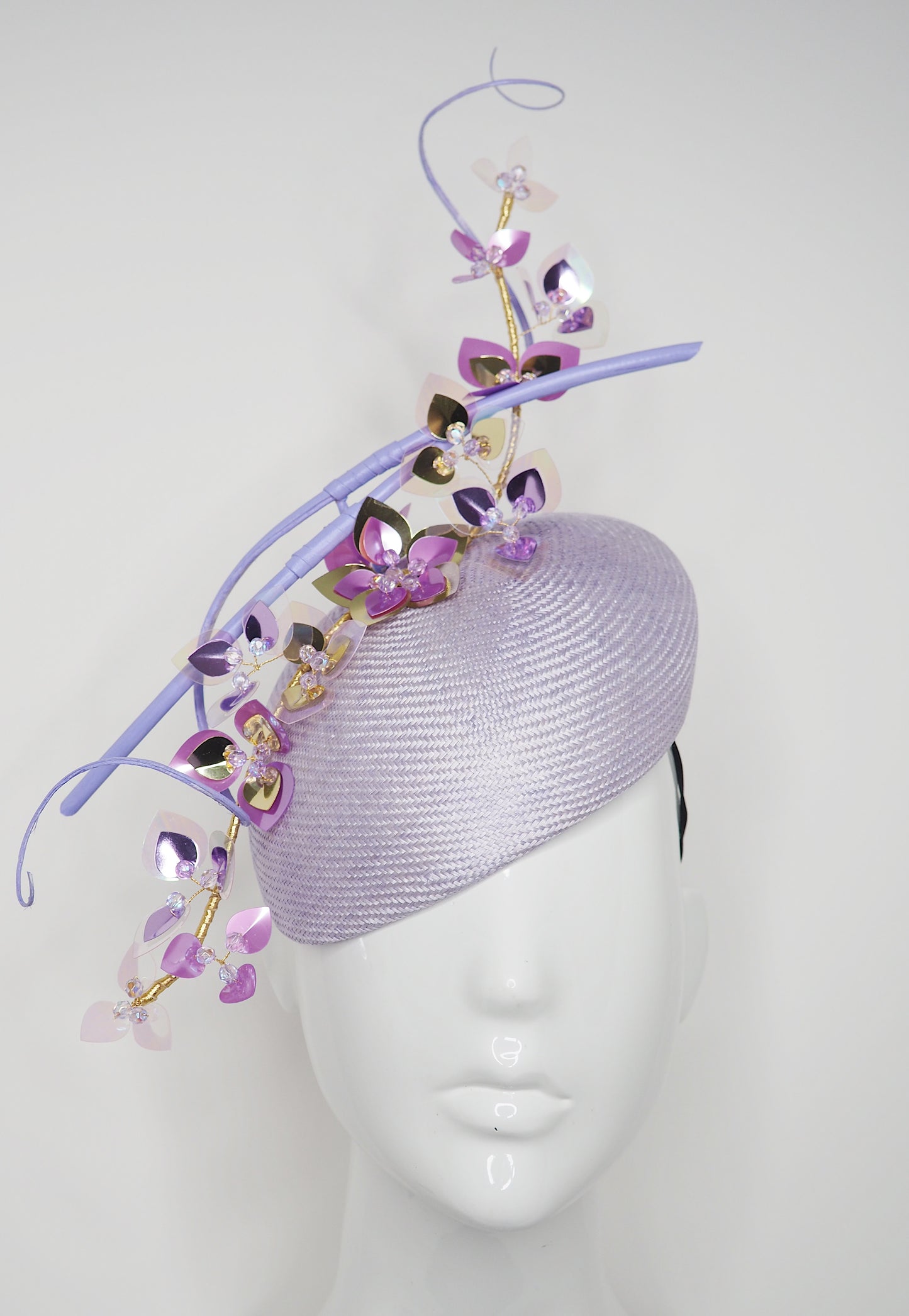 Purple Sky - Lilac facehugger base with sequinned blossoms and quills.