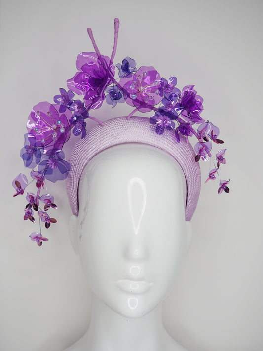 Pretty in Purple - Pastel lilac Parisissal straw 3d headband with cascading blossoms in shades of purple